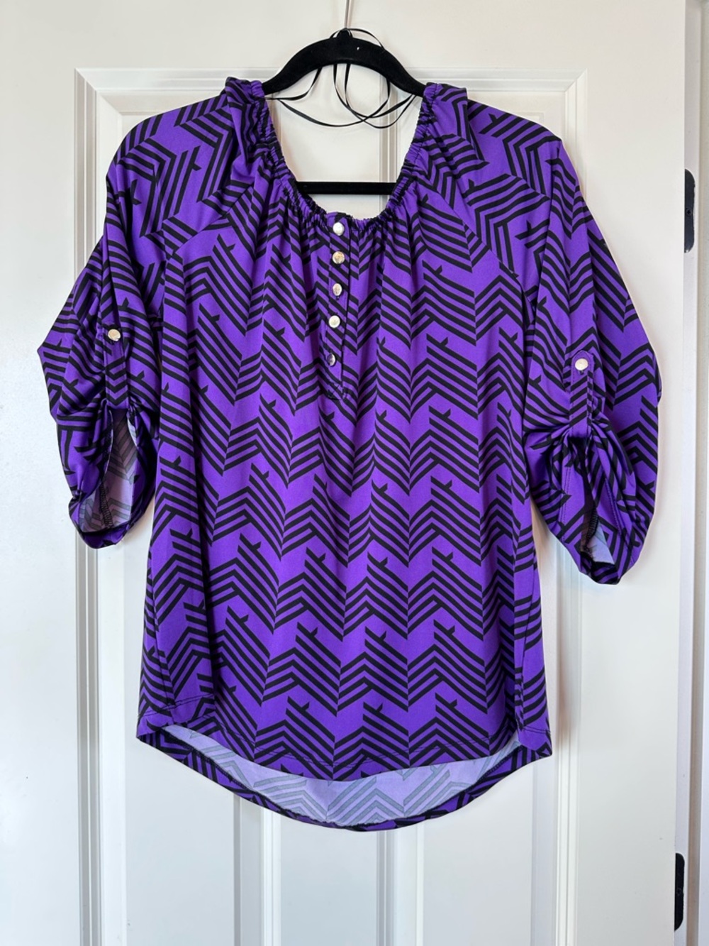 Notations Purple Geometric Peasant Blouse - Women's Relaxed Top Sz L